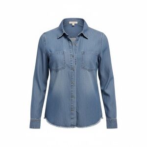 Cloth & Stone Chambray Blue Button Down Shirt Frayed High Low Hem Medium Cottage